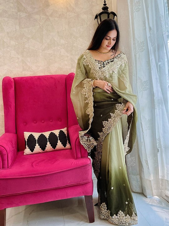 Green Floral Embroidered Saree