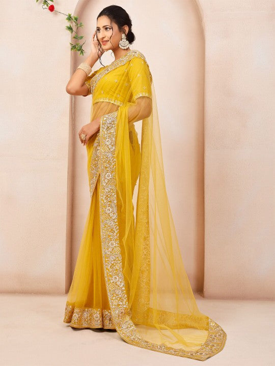 Mustard Embroidered Sequinned Net Saree