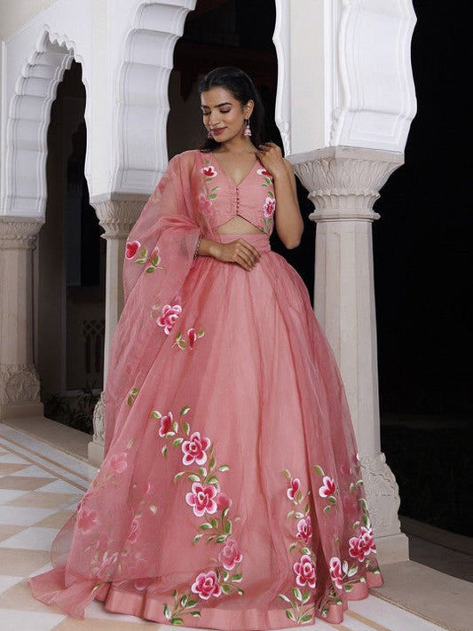 Embroidered V-Neck Organza Ready to Wear Lehenga & Blouse With Dupatta