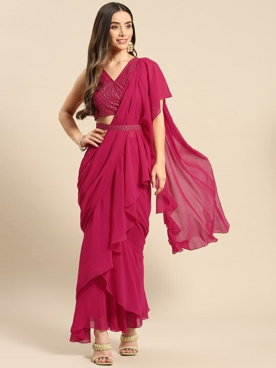 Magenta Ruffled Ready to Wear Saree