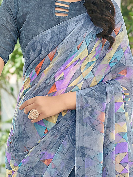 Geometric Printed Pure Chiffon Dabu Saree