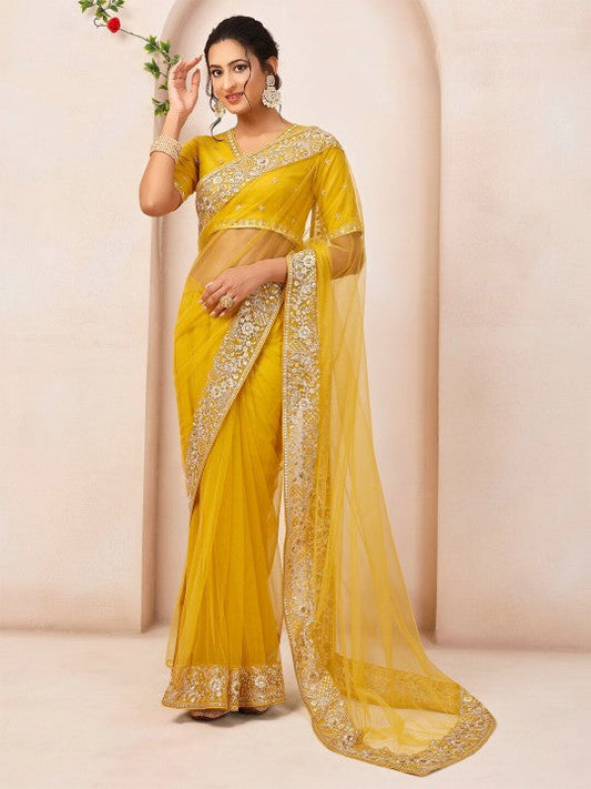 Mustard Embroidered Sequinned Net Saree