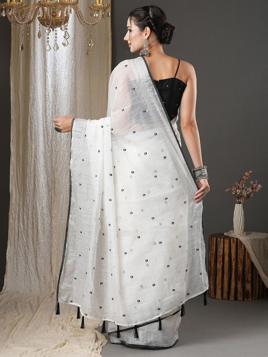 White & Black Floral Printed Zari Silk Cotton Saree