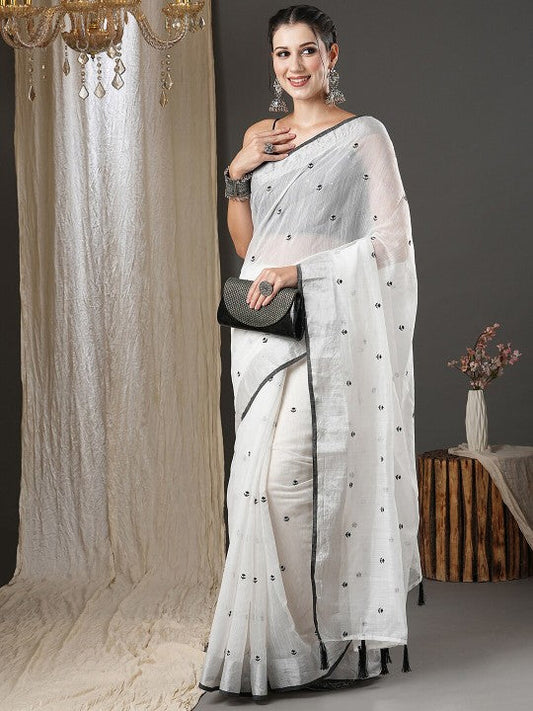 White & Black Floral Printed Zari Silk Cotton Saree